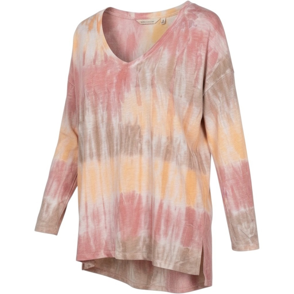 Boho Soft Surroundings Tie Dye V-Neck Tunic Top Pink Orange Cotton Modal Large